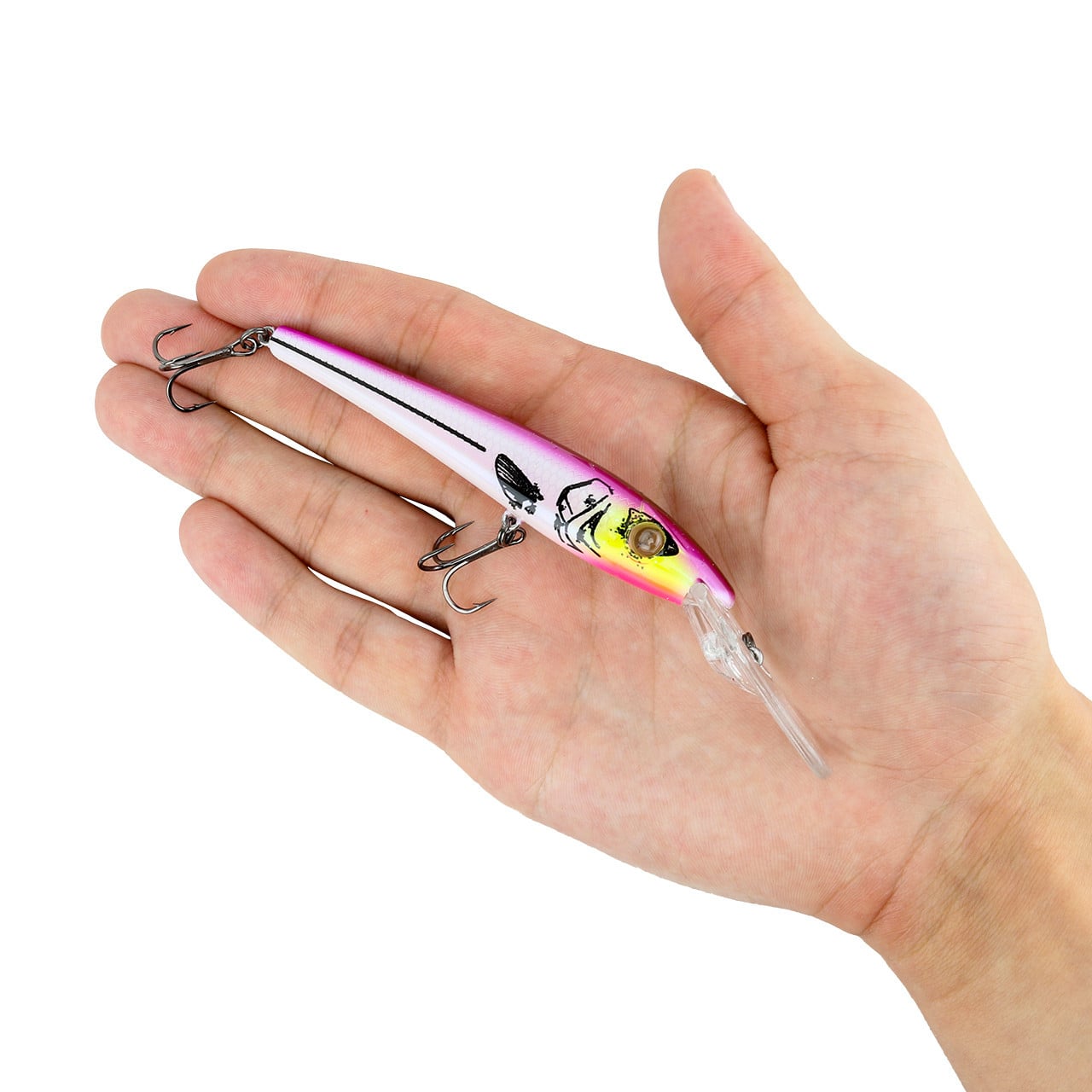 Reef Runner 900 Series Reef Stalker Jr. Crankbait color Eriedescent in palm of hand for color and size visual