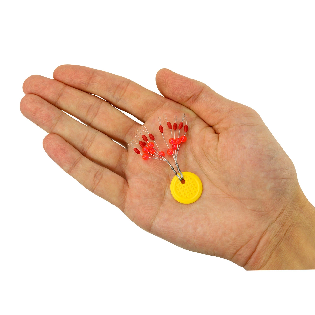 Beau Mac Bobber Stop Eggs Rubber with Beads in palm of hand for size visual