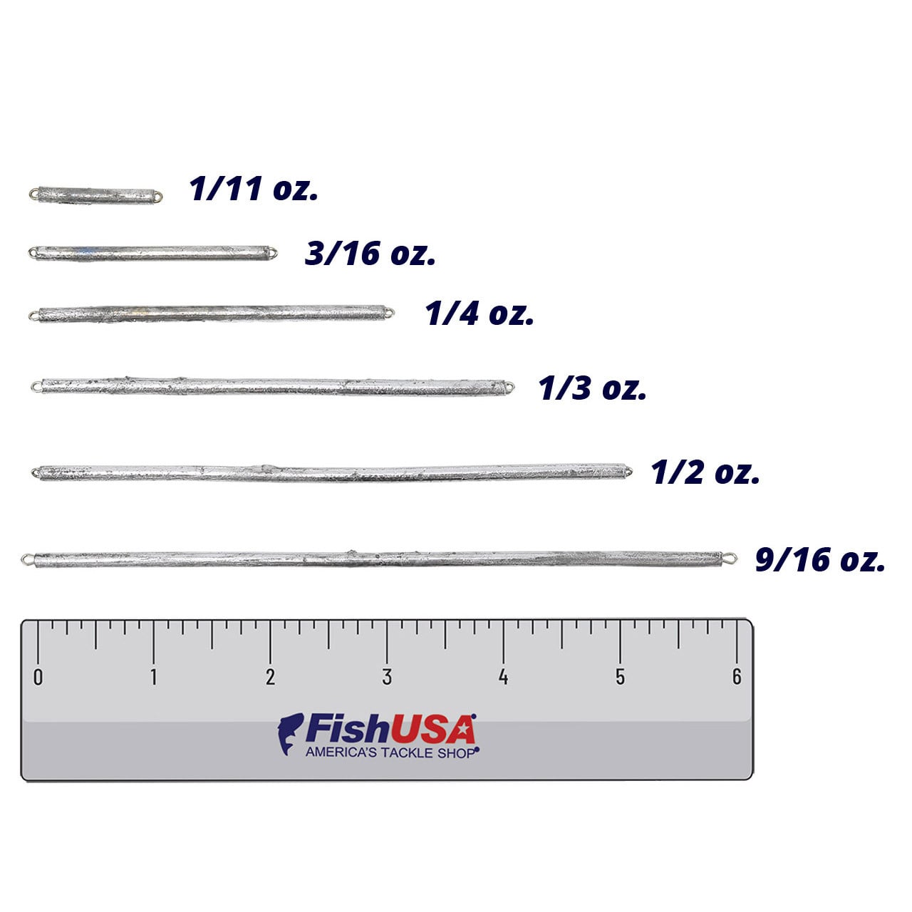Beau Mac Lil' Doggies Stick Weights comparison of all six sizes against a FishUSA ruler