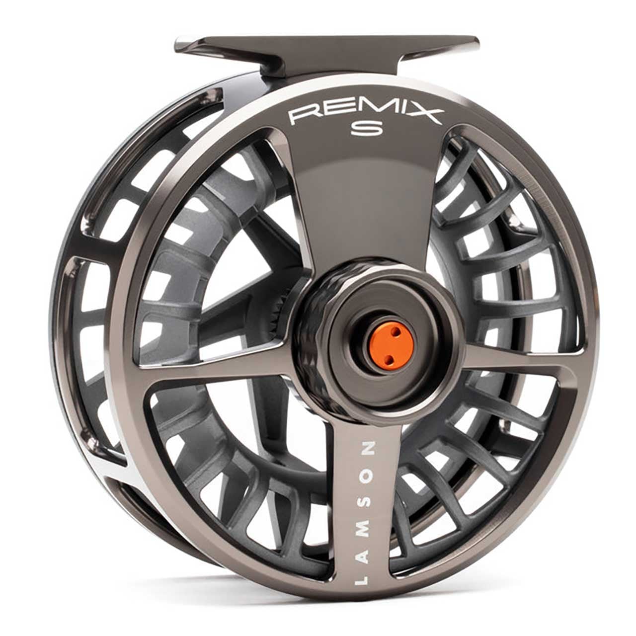 Lamson Remix HD S-Series Fly Reel 3-Pack color Smoke frame side showing sealed conical drag knob