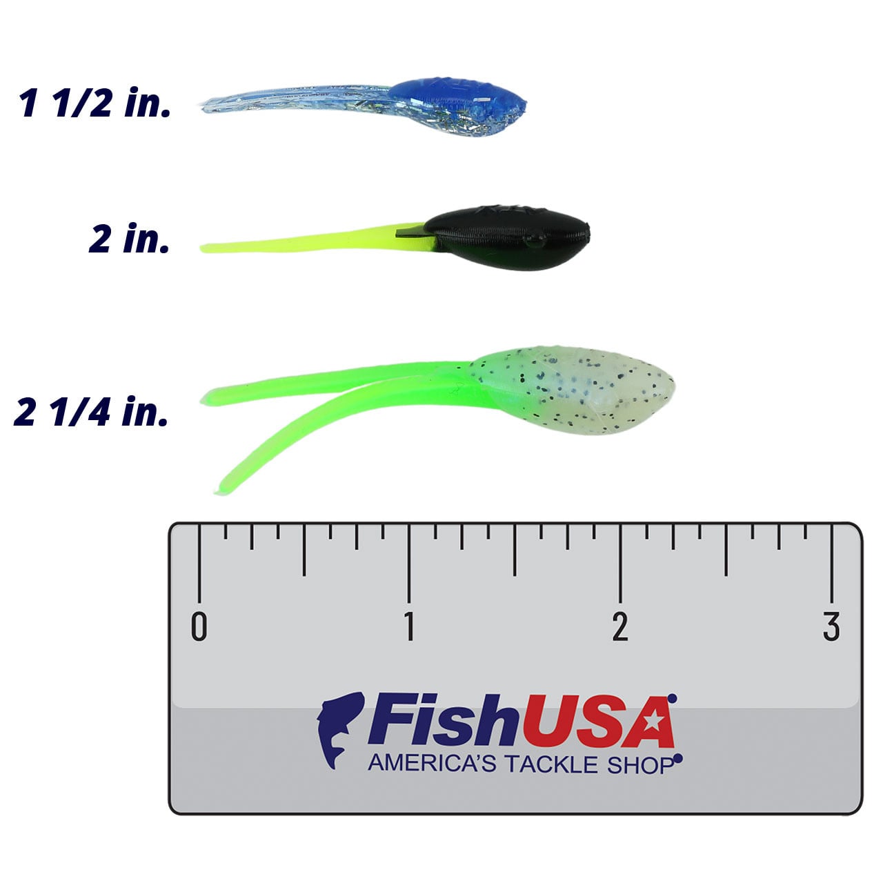 ATX Wicked Shad color Rainstorm (1 1/2 in), color Nightlight (2 in.), and color ATX Milk Green tail (2 1/4 in.) above a FishUSA ruler