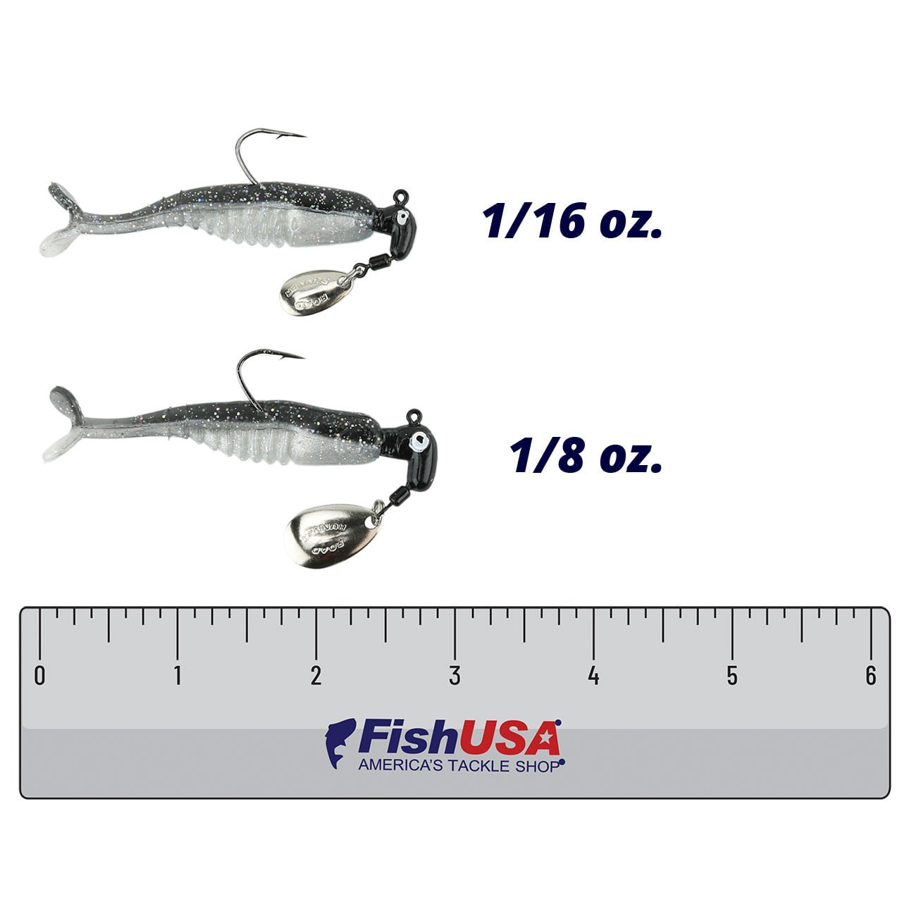 Road Runner Crappie X-Tractor color Threadfin Shad on both sizes (1/16 oz., 1/8 oz.) above a 6 inch FishUSA Ruler