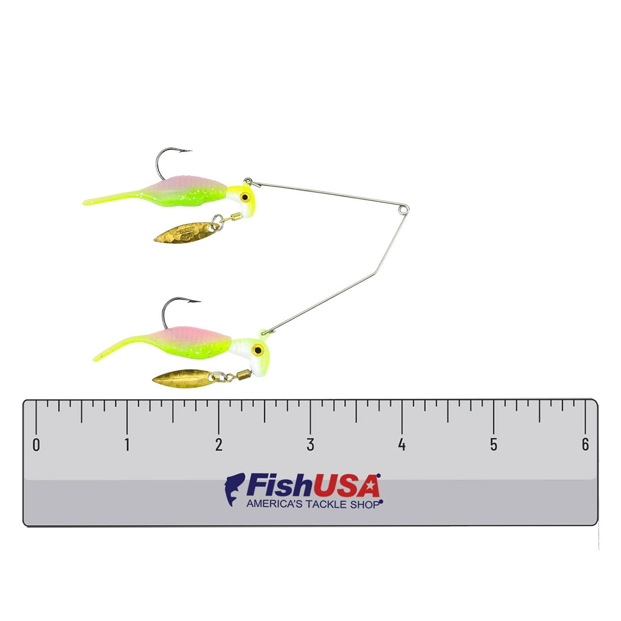Road Runner Reality Shad Buffet Rig color Sherbert approximately 3.5 inch total length against a FishUSA ruler