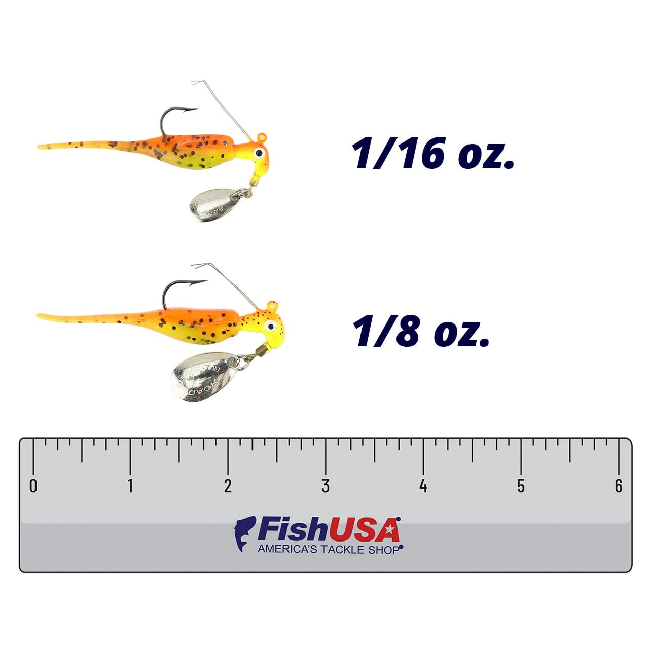 Road Runner Slab Runner Weedless w/Baby Shad color Cajun Cricket in both sizes (1/8 oz., 1/16 oz.) above 6 in. FishUSA ruler