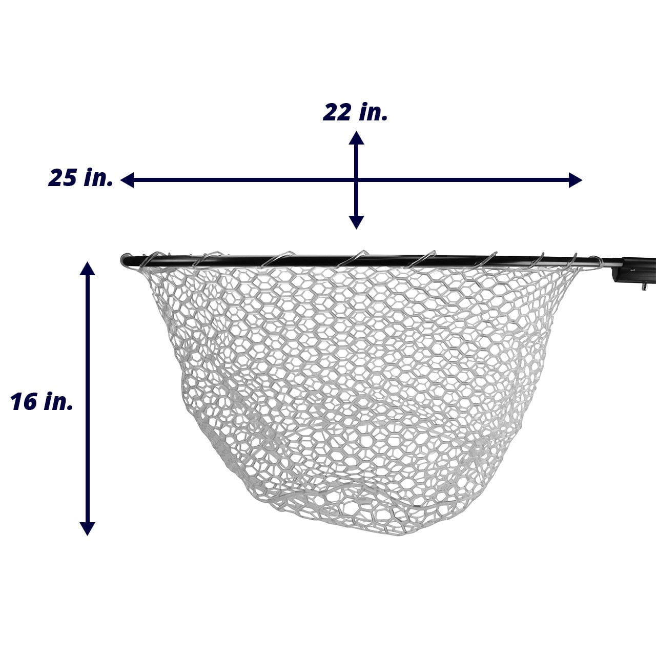 FishUSA Silicone Replacement Net Bag illustrating its hoop size 25" L x 22" W x 16" D dimensions