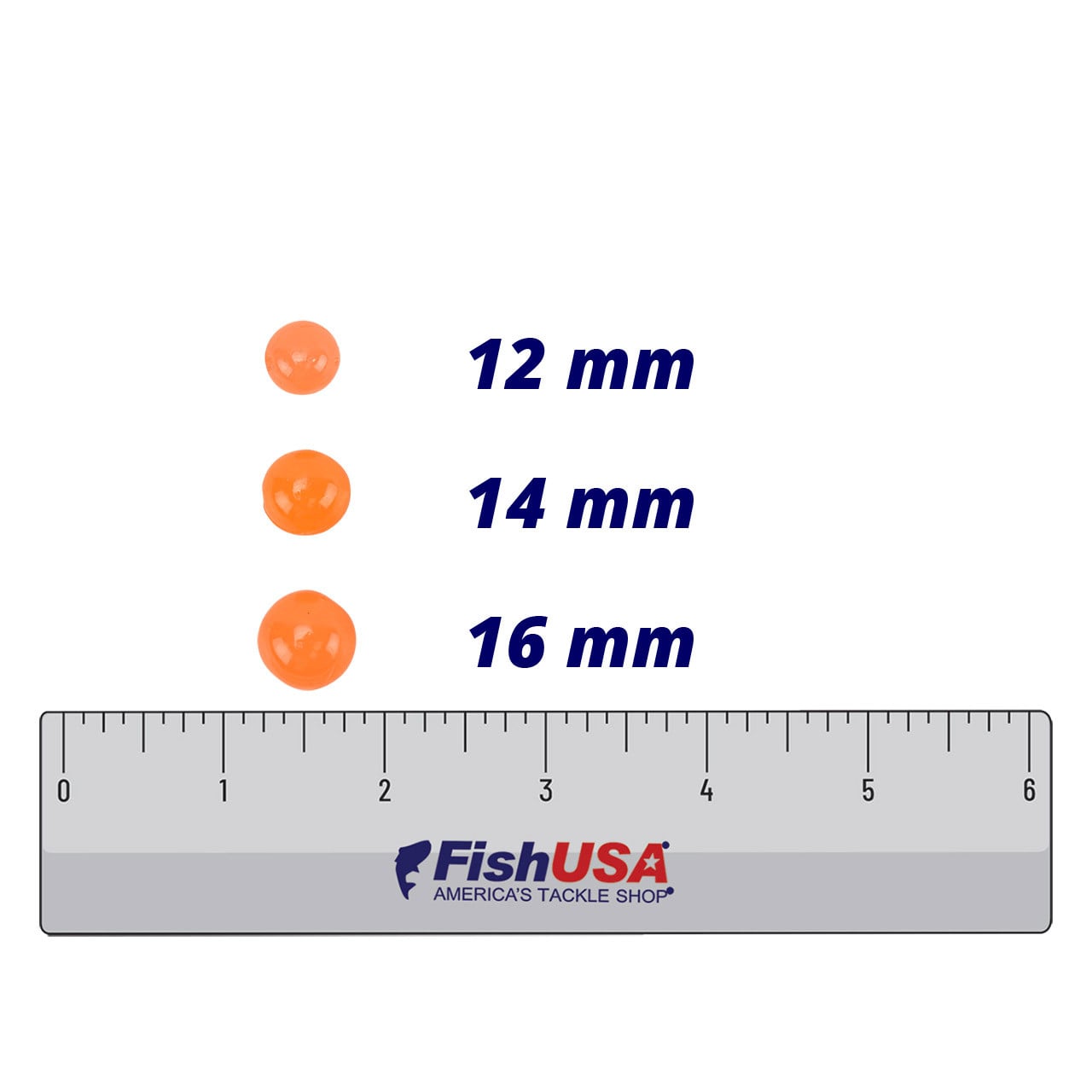 Hawken Aero-Baits Soft Beads color Peach comparison of 12 mm, 14 mm, and 16 mm sizes over FishUSA Ruler
