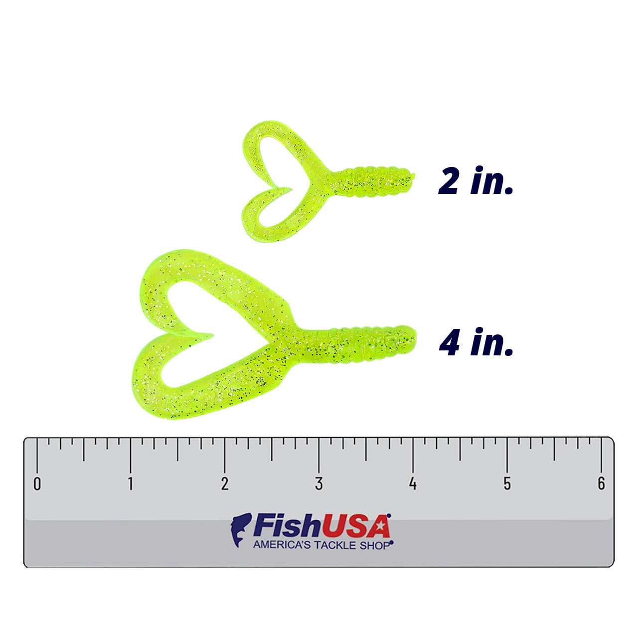 Size comparison of Mister Twister Double Tail Grub color Chartreuse Silver Flake in 2 in. and 4 in. sizes  with FishUSA ruler