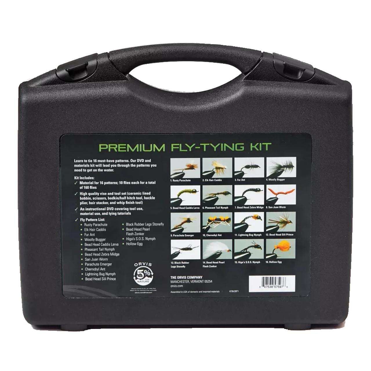 Orvis Premium Fly Tying Kit back lists all materials/tools, plus shows images of 16 patterns that can be tied with the kit