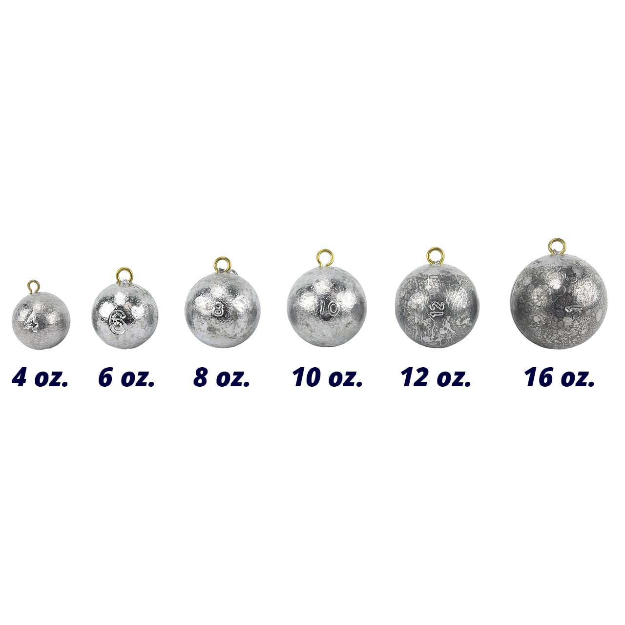 Bullet Weights Cannonball Sinkers size comparison of 4 oz., 6 oz., 8 oz., 10 oz., 12 oz., and 16 oz. weights