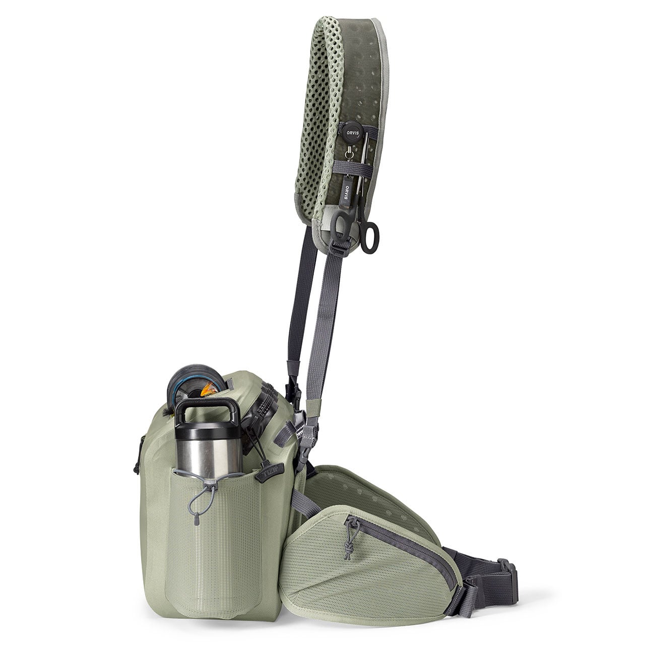 Orvis PRO Waterproof Hip Pack side profile with elevated strap (fishing accessories not included)