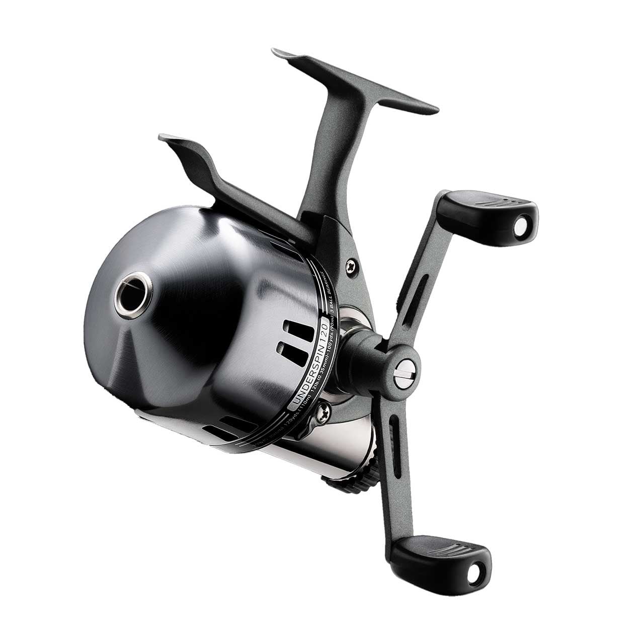 Daiwa Underspin Reel 1/4 turn handle side shows oversized line hole on front of reel