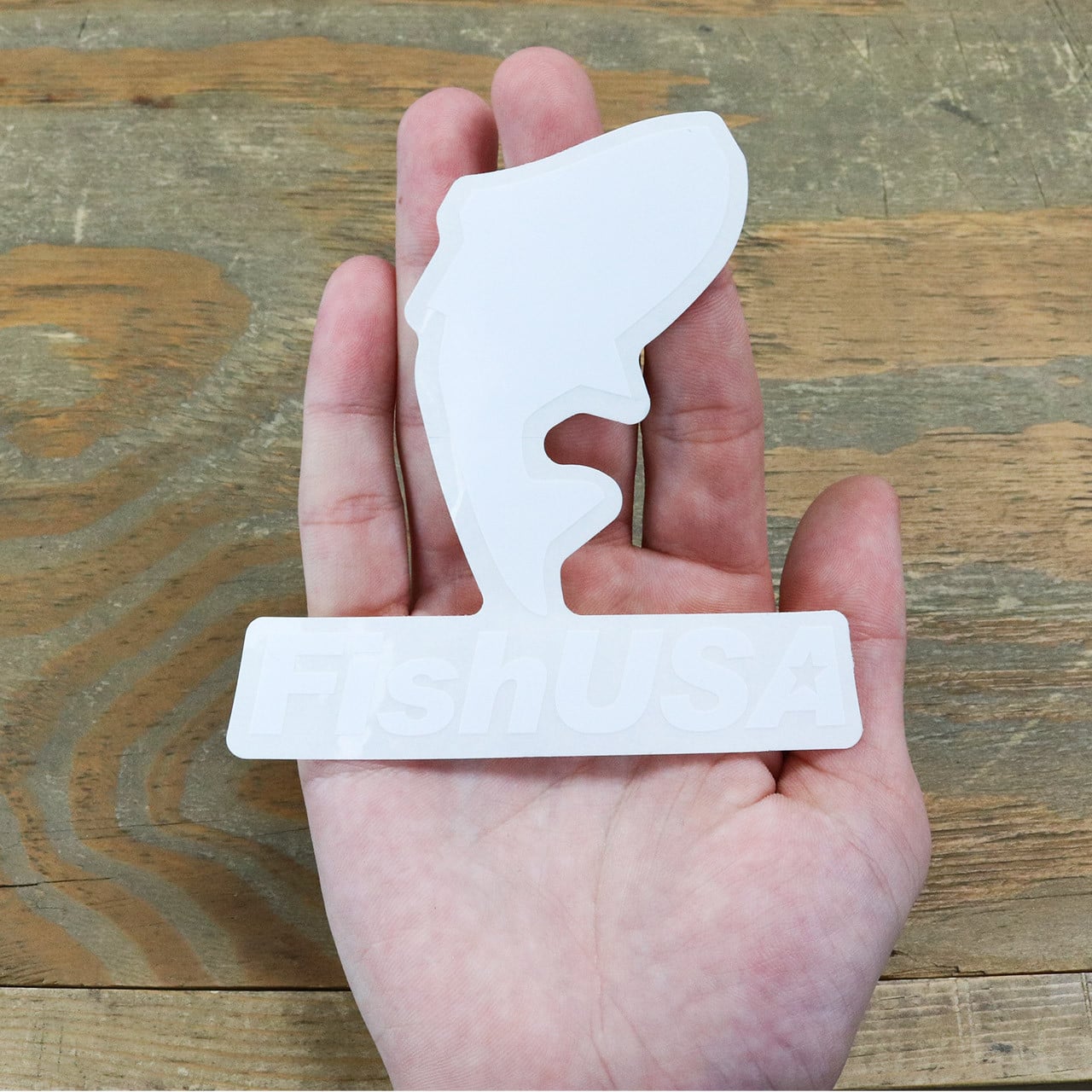 FishUSA Window Decal in palm of hand over wood table for color and size visual