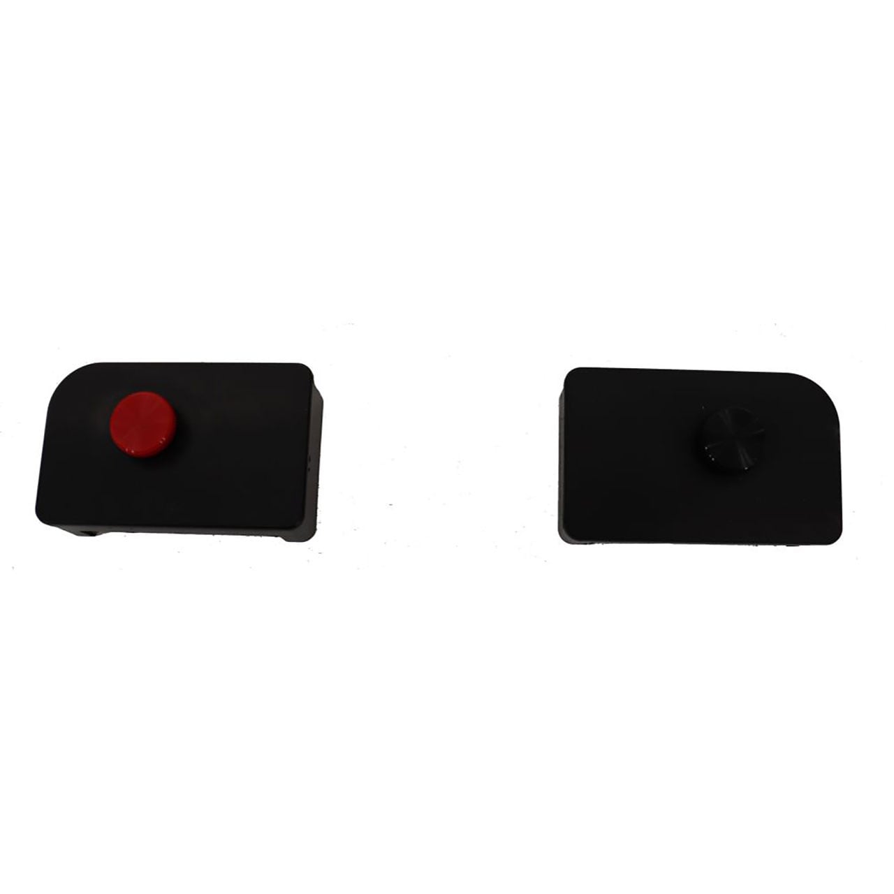 Cornfield Battery Terminal Organizer positive cover identified by red dot (L) and solid black negative terminal cover (R)