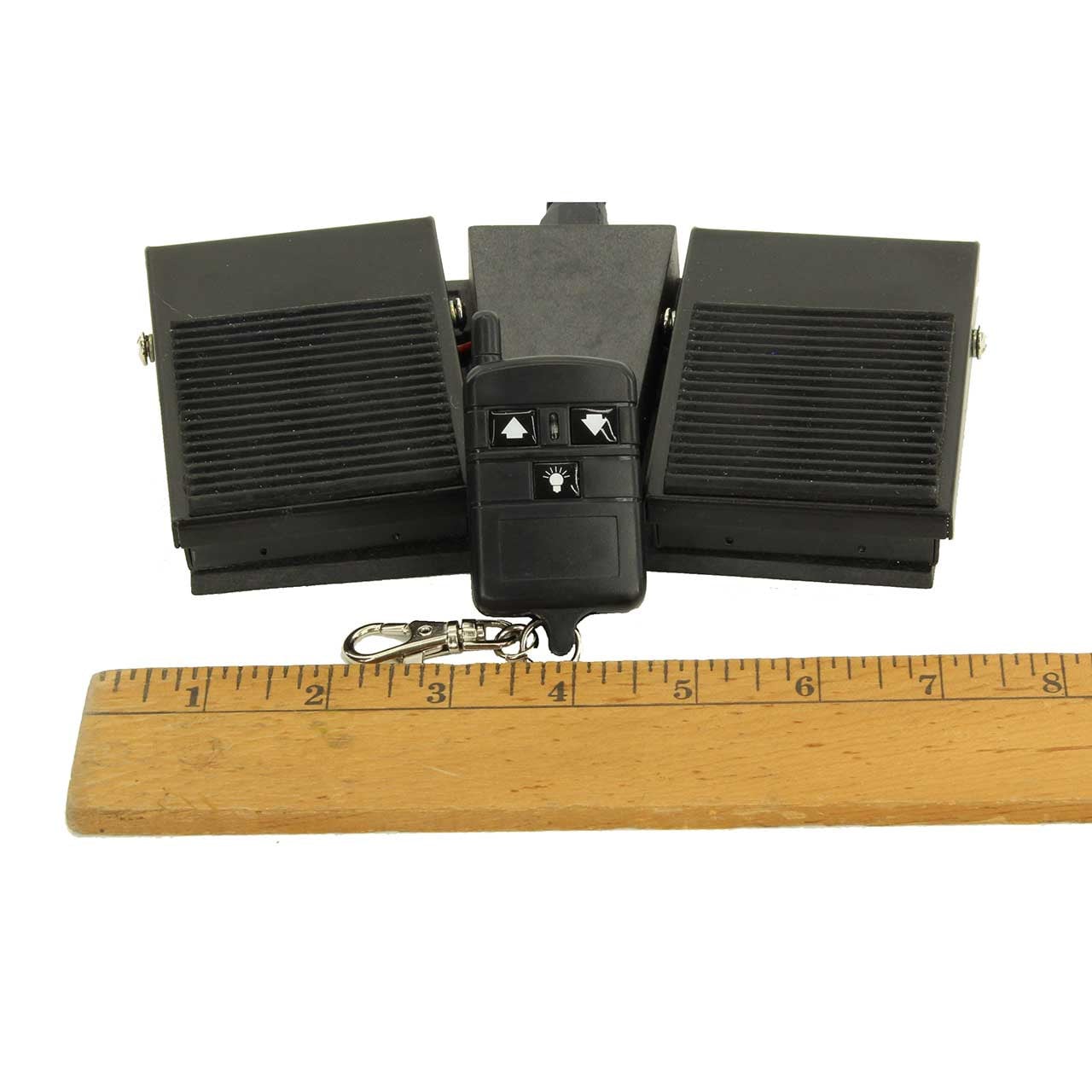 Cornfield Live Sweep with Wireless Pedal remote control fob and pedals measures 7.5 inches wide on wood ruler