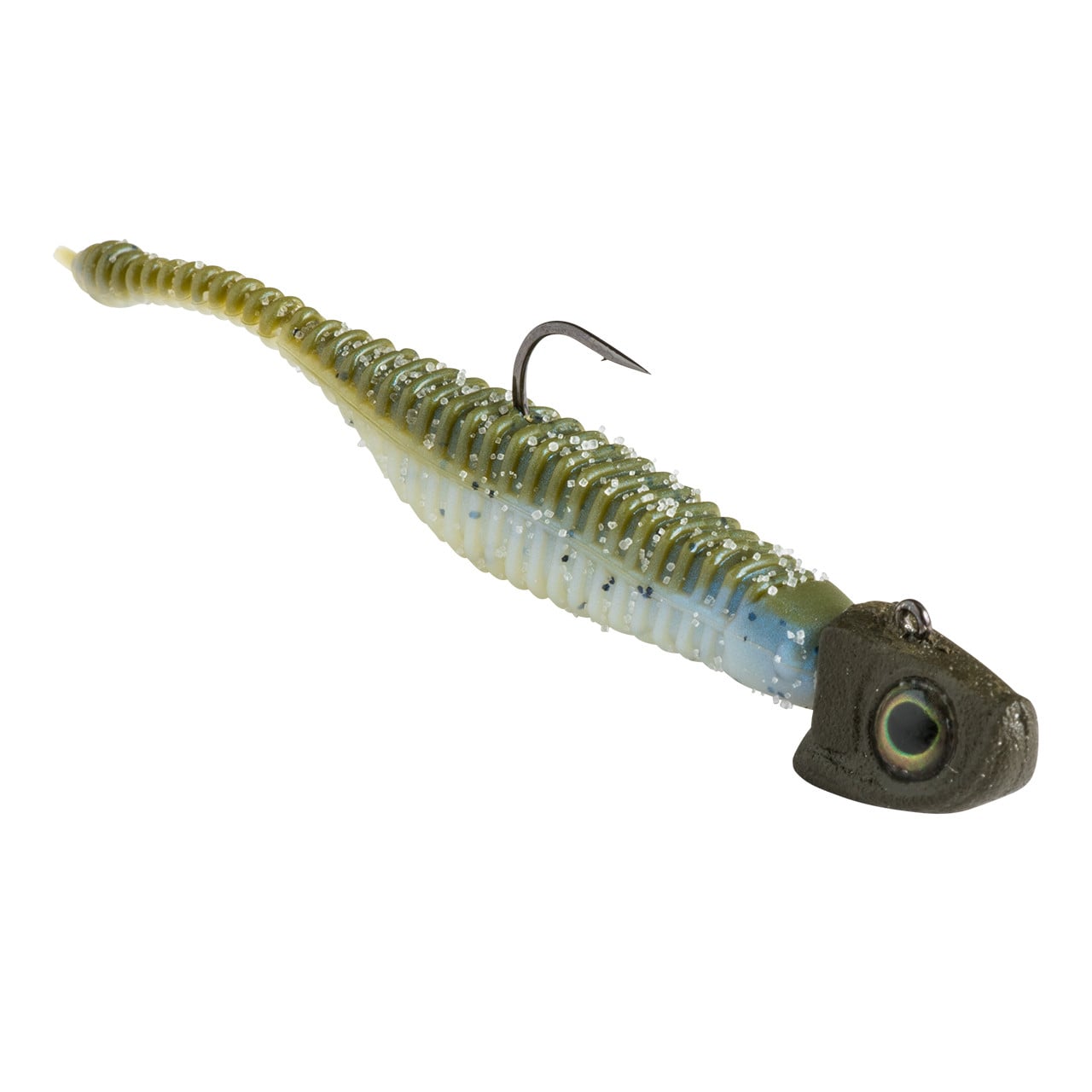 Great Lakes Finesse Hanging Head color Matte Green Pumpkin angled rigged with Great Lakes Finesse minnow swimbait not included