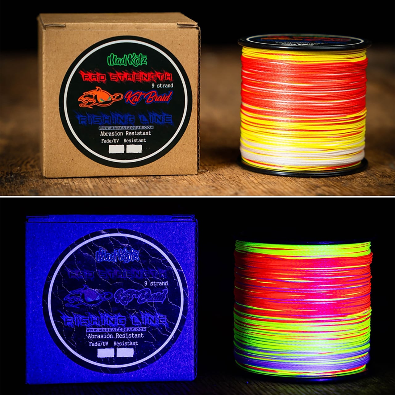 Mad Katz Kat Braid with Mad Katz packaging and color Sunrise showing line under UV light