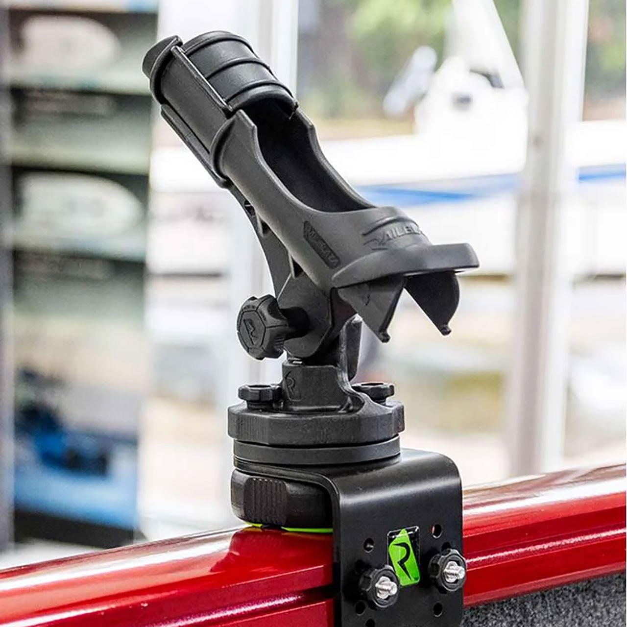 Railblaza HEXX Gunnel Mount with a rod holder (rod holder not included)