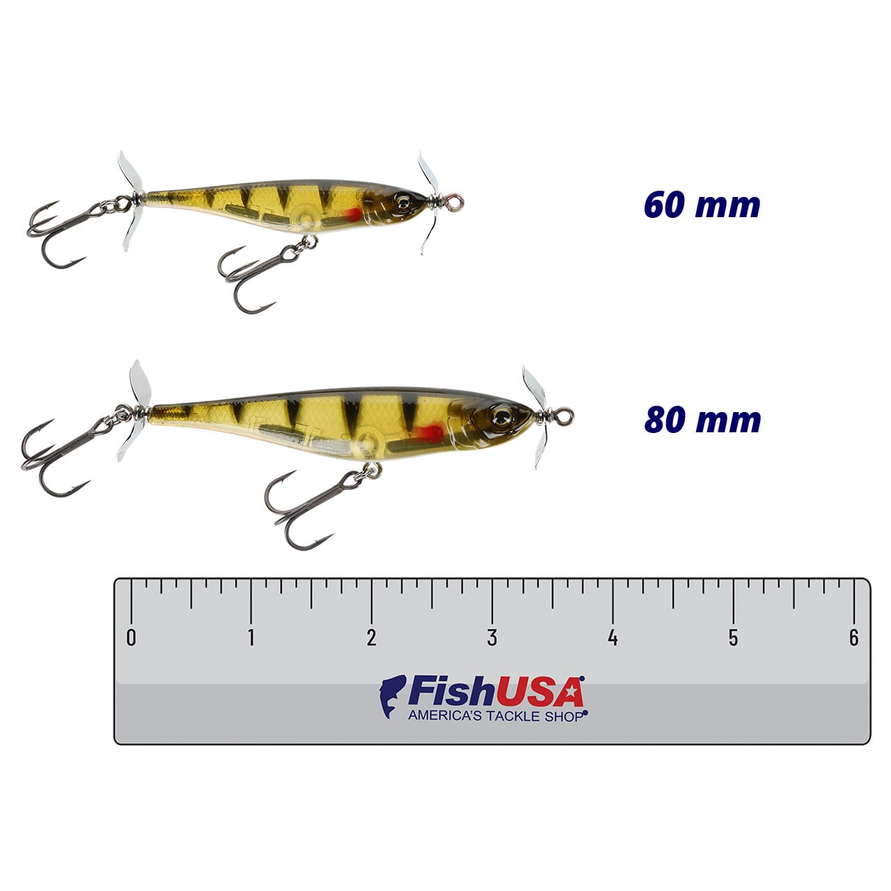 6th Sense Party Prop color Ghost Yellow Perch in both sizes (60 mm, 80 mm) above a 6 inch FIshUSA ruler