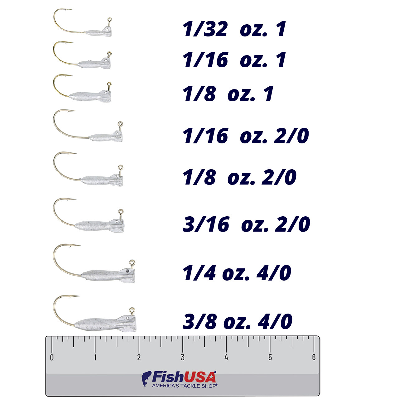 Missile Baits Hover Missile Jig Head comparison of 8 sizes from 1/32 oz. #1 hook through 3/8 oz. 4/0 hook over FishUSA ruler