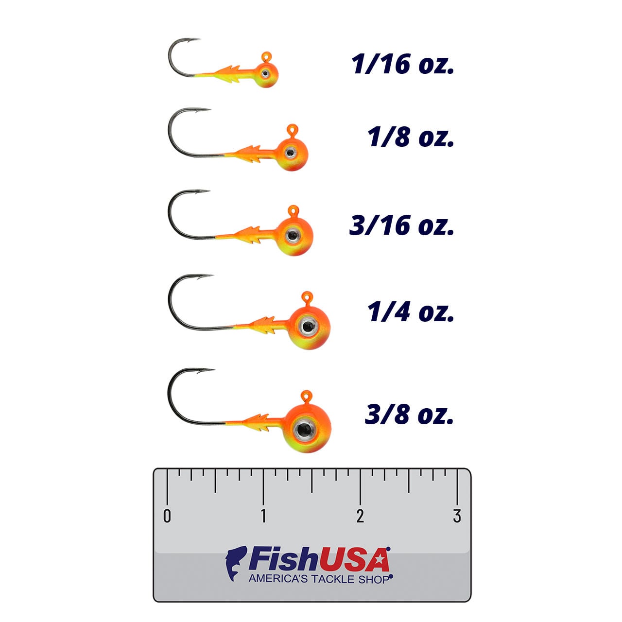 VMC Tungsten Moon Eye Jigs color Chartreuse Orange comparison of 1/16, 1/8, 3/16, 1/4, and 3/8 oz. sizes above FishUSA ruler