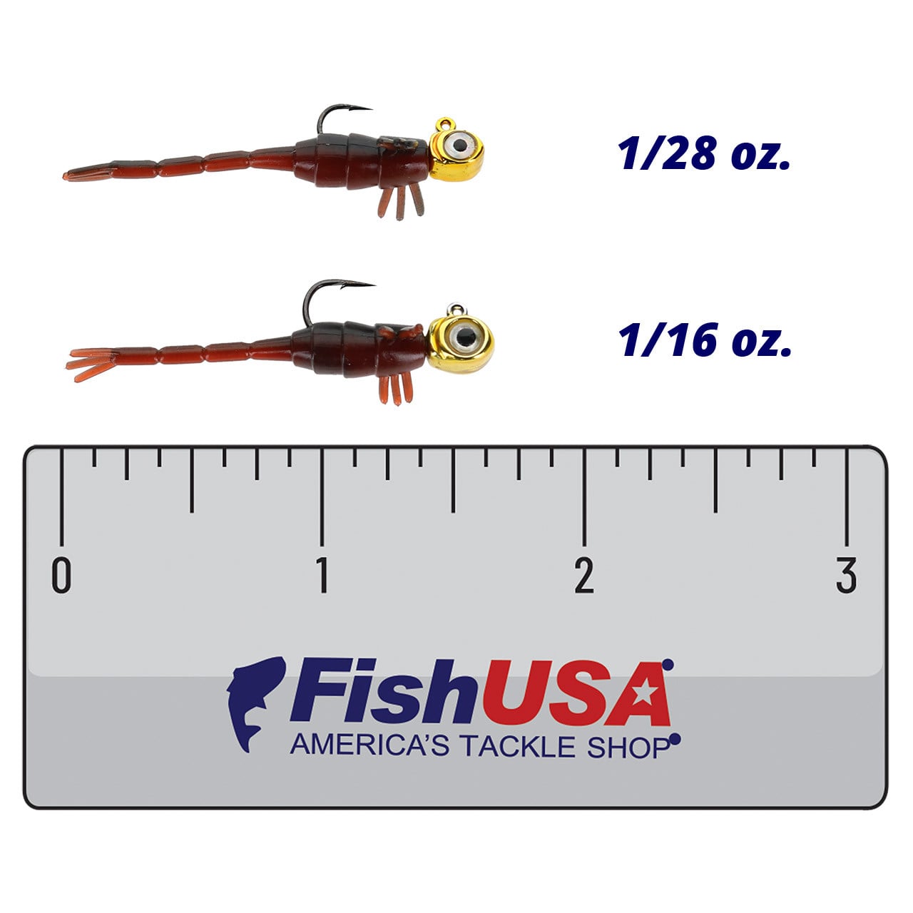 Northland Rigged Tungsten Broom Bug color Gold in both sizes (1/28 oz., 1/16 oz.) above a 3 inch FishUSA ruler