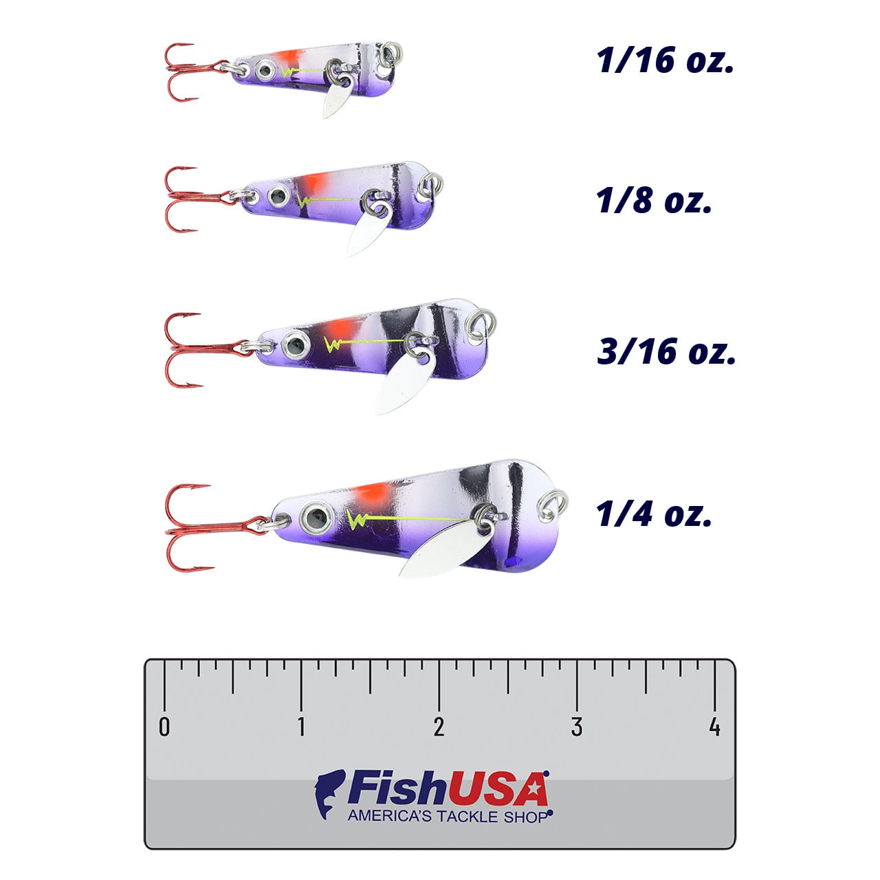 Northland Thumper Spoon color Purple Racecar in all sizes (1/16 oz., 1/8 oz., 3/16 oz., 1/4 oz.) above a 4 inch FishUSA Ruler