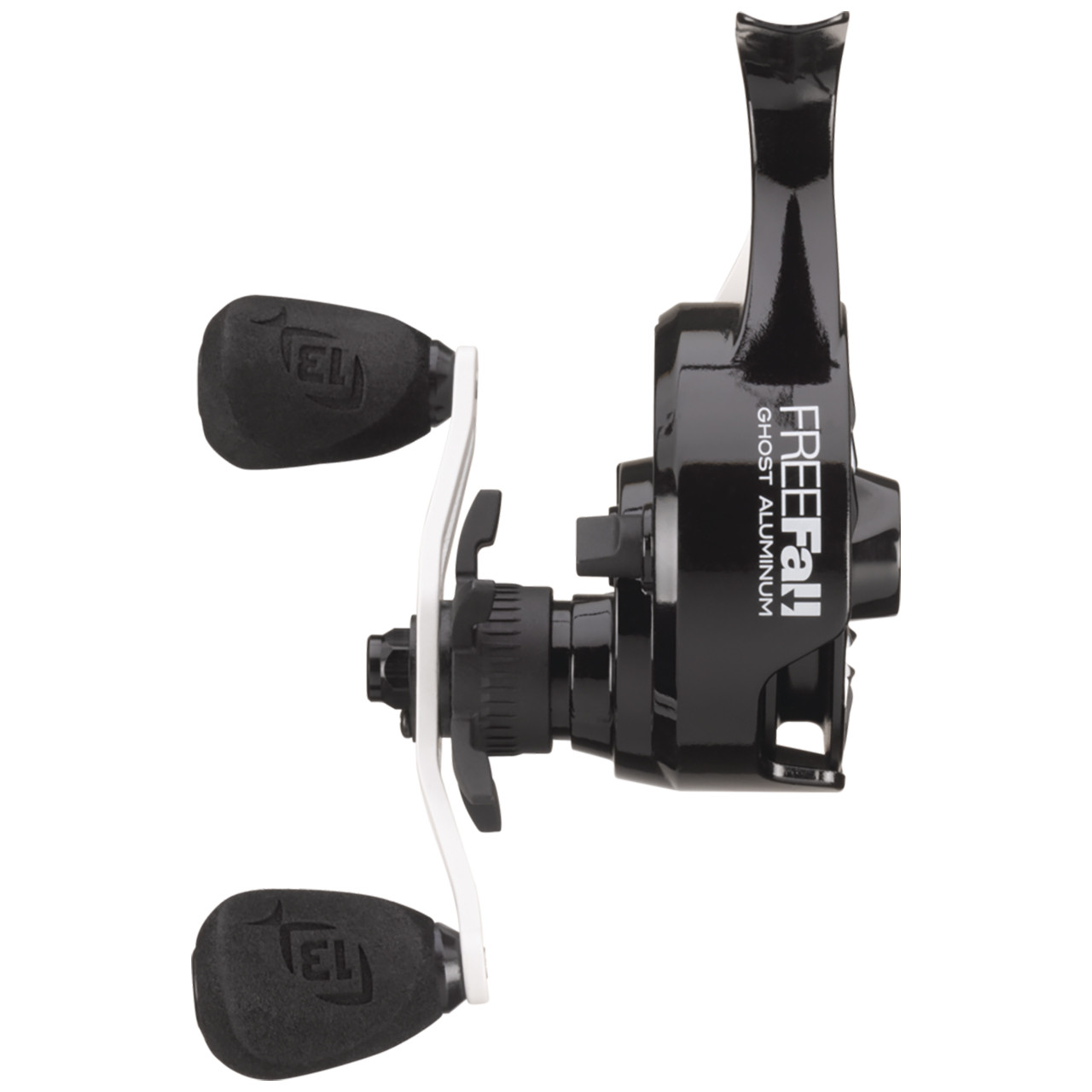 13 Fishing FreeFall Ghost Aluminum Inline Reel left hand retrieve rear profile