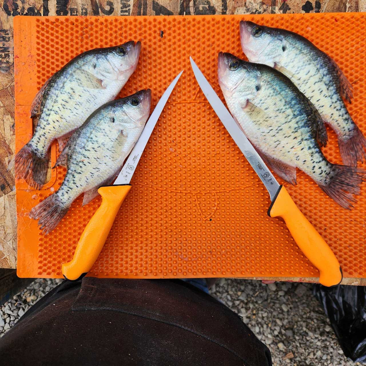 Fillet Away Fish Mat color Orange with fish and knives (Fillet Knives not included)