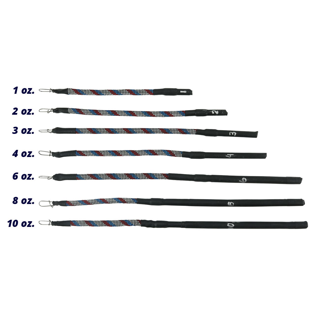Take Down Draggin Weights in all 7 model sizes 1, 2, 3, 4, 6, 8, and 10 oz.  length comparison