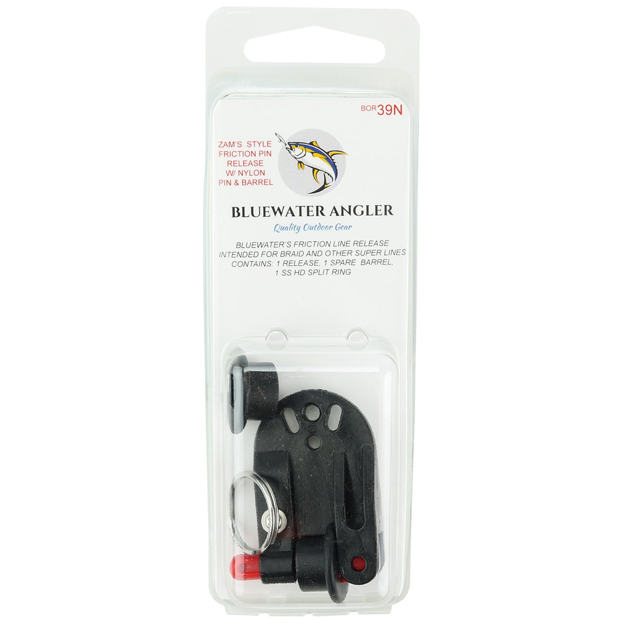 Bluewater Angler Pro Braid Friction Release in packaging contains 1 release, 1 spare barrel, and 1 SS HD split ring
