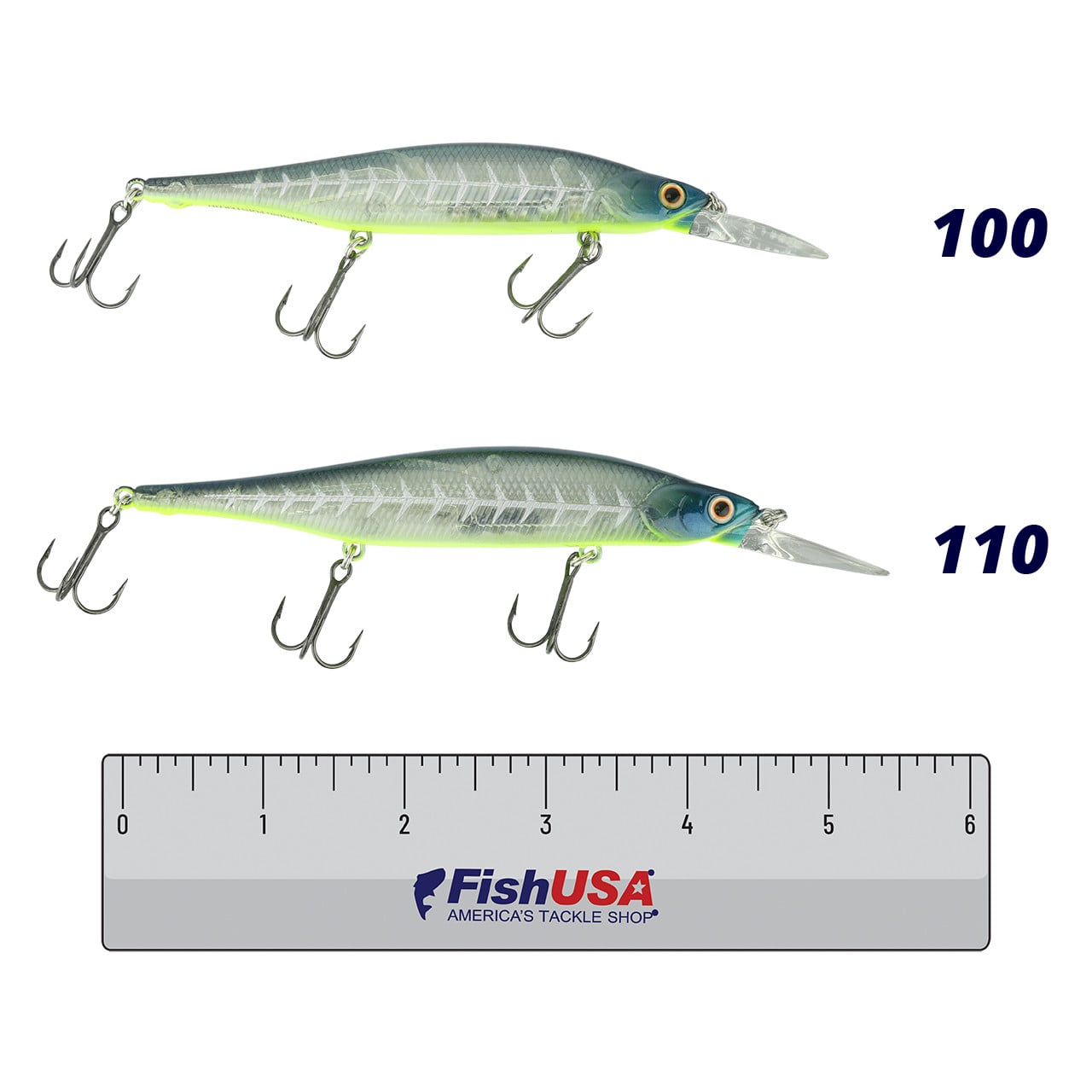 The Lucky Craft Lightning Pointer DD Jerkbait color Bone Pro Blue in both models (100, 110) above a 6 inch FishUSA ruler