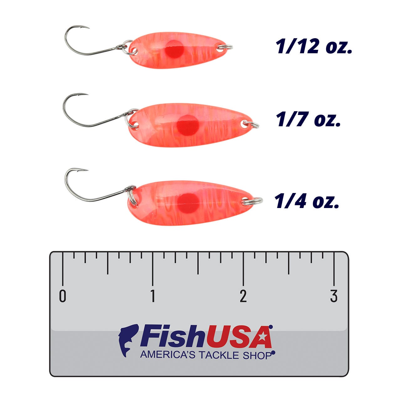 Daiwa Qunai Casting Spoon color Ikura in all sizes (1/12 oz., 1/7 oz., 1/4 oz.) above a 3 inch FishUSA ruler