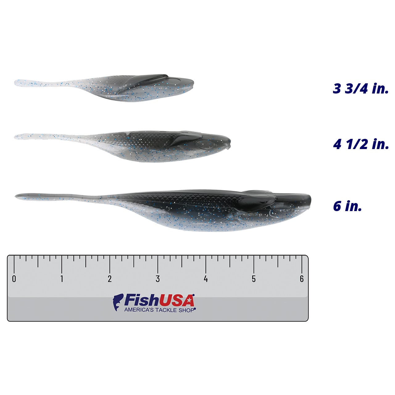 Duckett Fishing Sway Minnow color Gizzard Shad in all sizes (3 3/4 in., 4 1/2 in., 6 in.) above a 6 inch FishUSA ruler