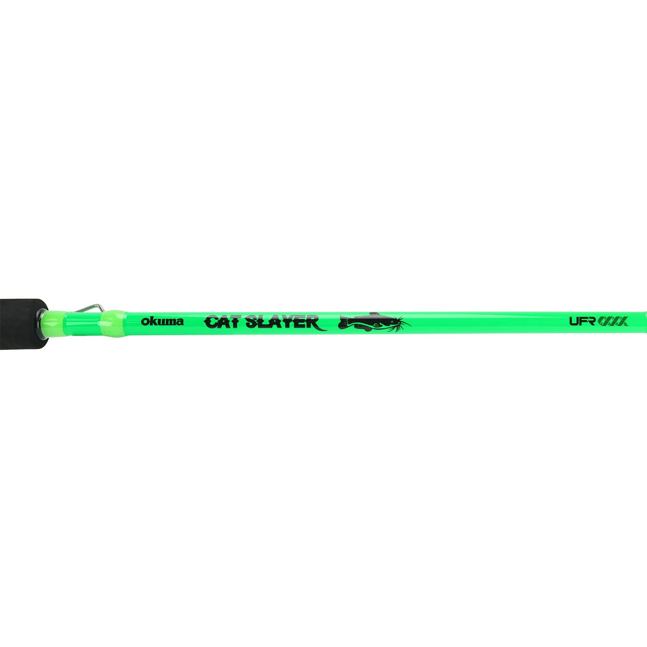 Okuma Cat Slayer Spinning Rod close up of model name and logo on hi vis green blank