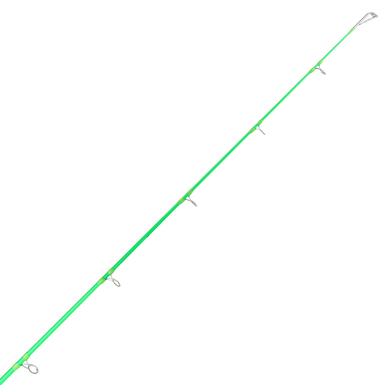 Okuma Cat Slayer Spinning Rod close up of guides on hi vis green color blank