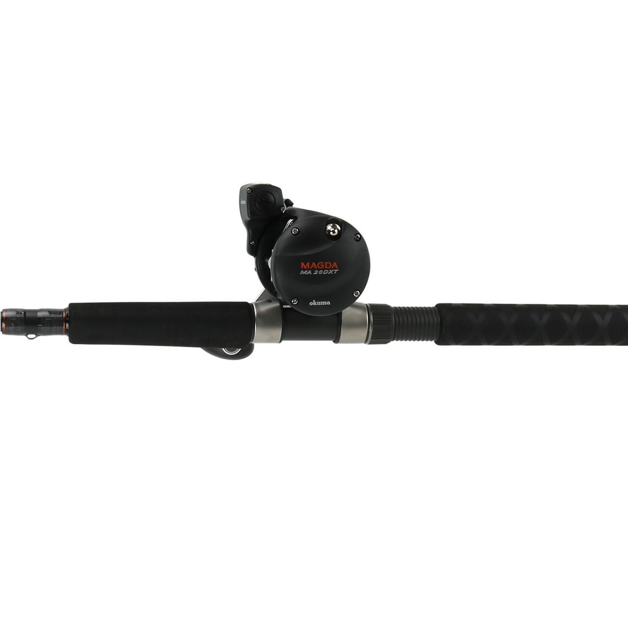 Okuma Dead Eye Classic Trolling Combo closeup of reel seat and Magda Pro Line Counter Reel MA-20DXT