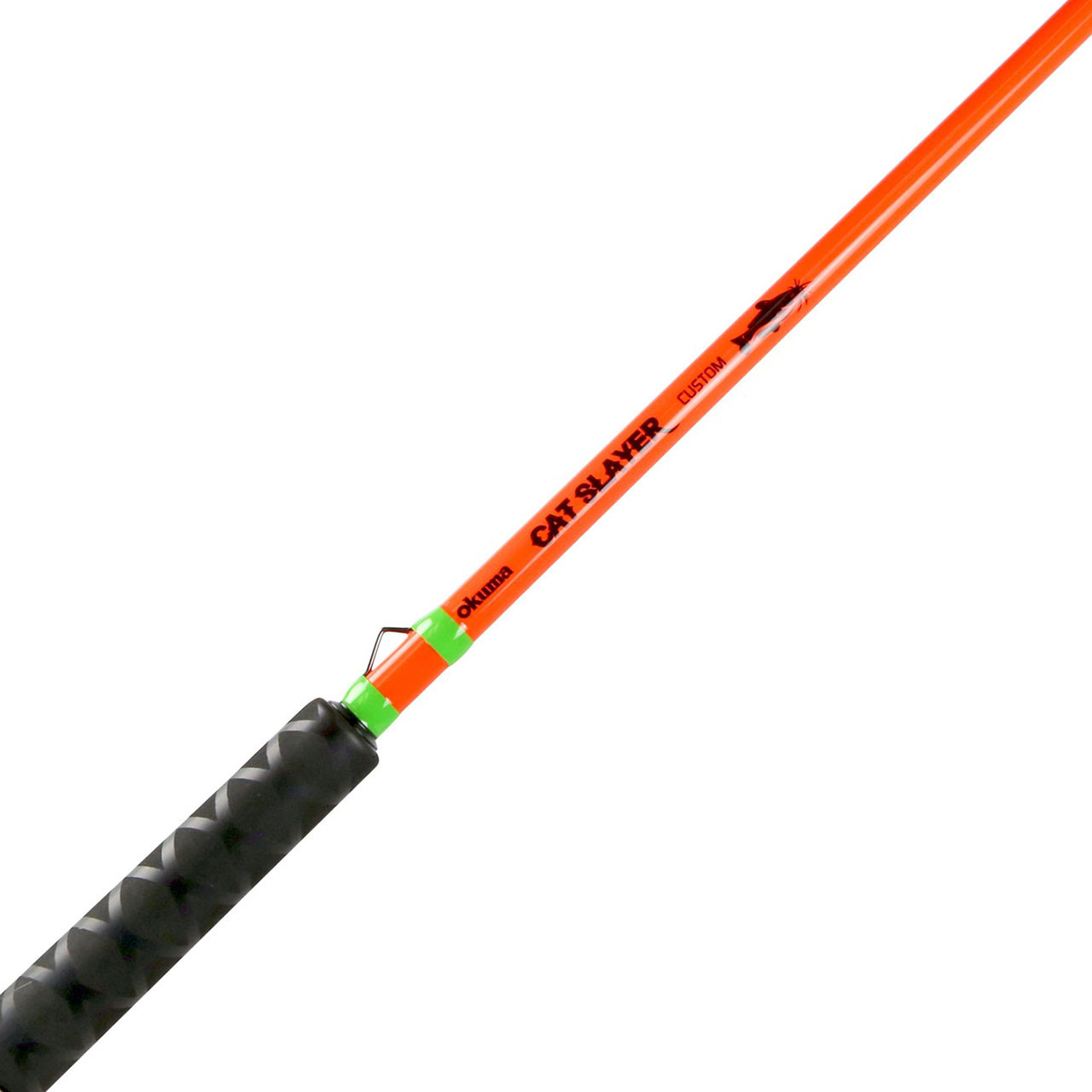 Okuma Cat Slayer Custom Spinning Rod logo on UV activated orange paint blank