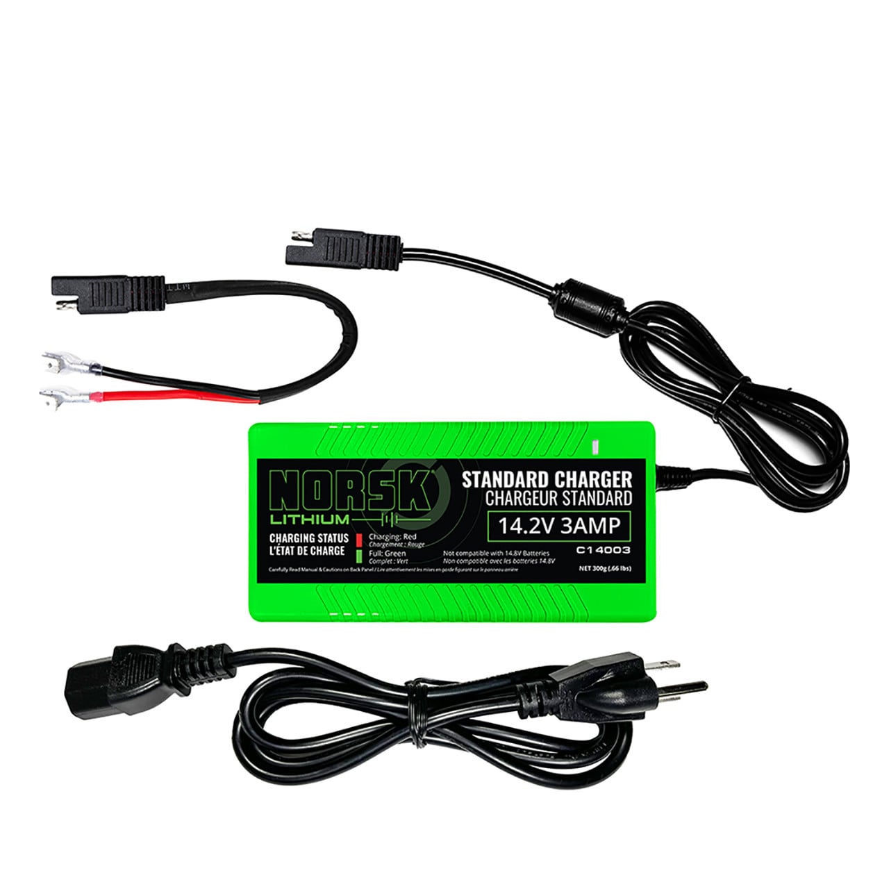 Norsk 12.8V 10Ah LiFePO4 Battery with 14.2V 3A Charger, power cord, SAE plug, and alligator clip connectors.