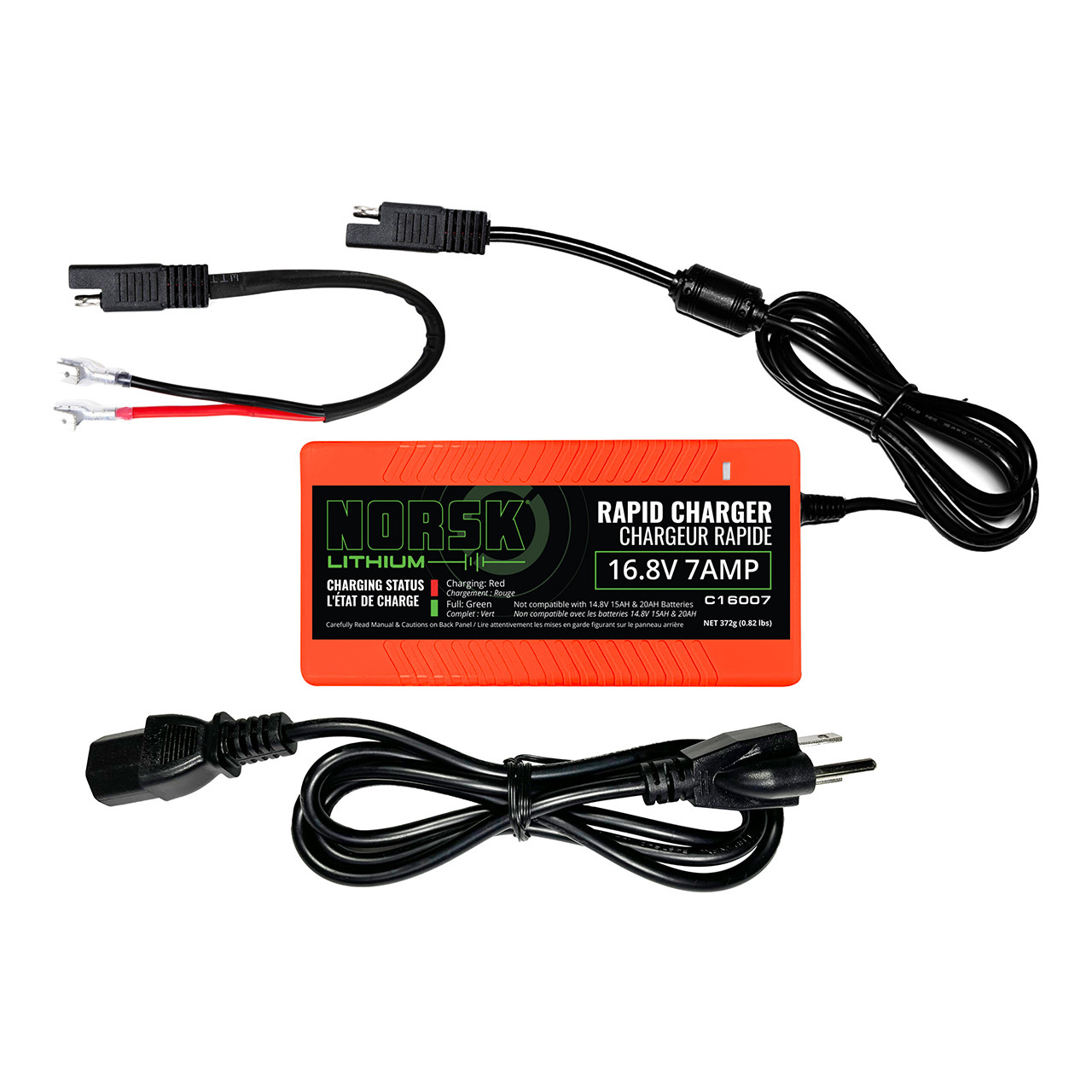 Norsk 16.8V 7A NMC Rapid Charger with Quick Connect and SAE adapter for 14.8V 30Ah and 50Ah lithium batteries.