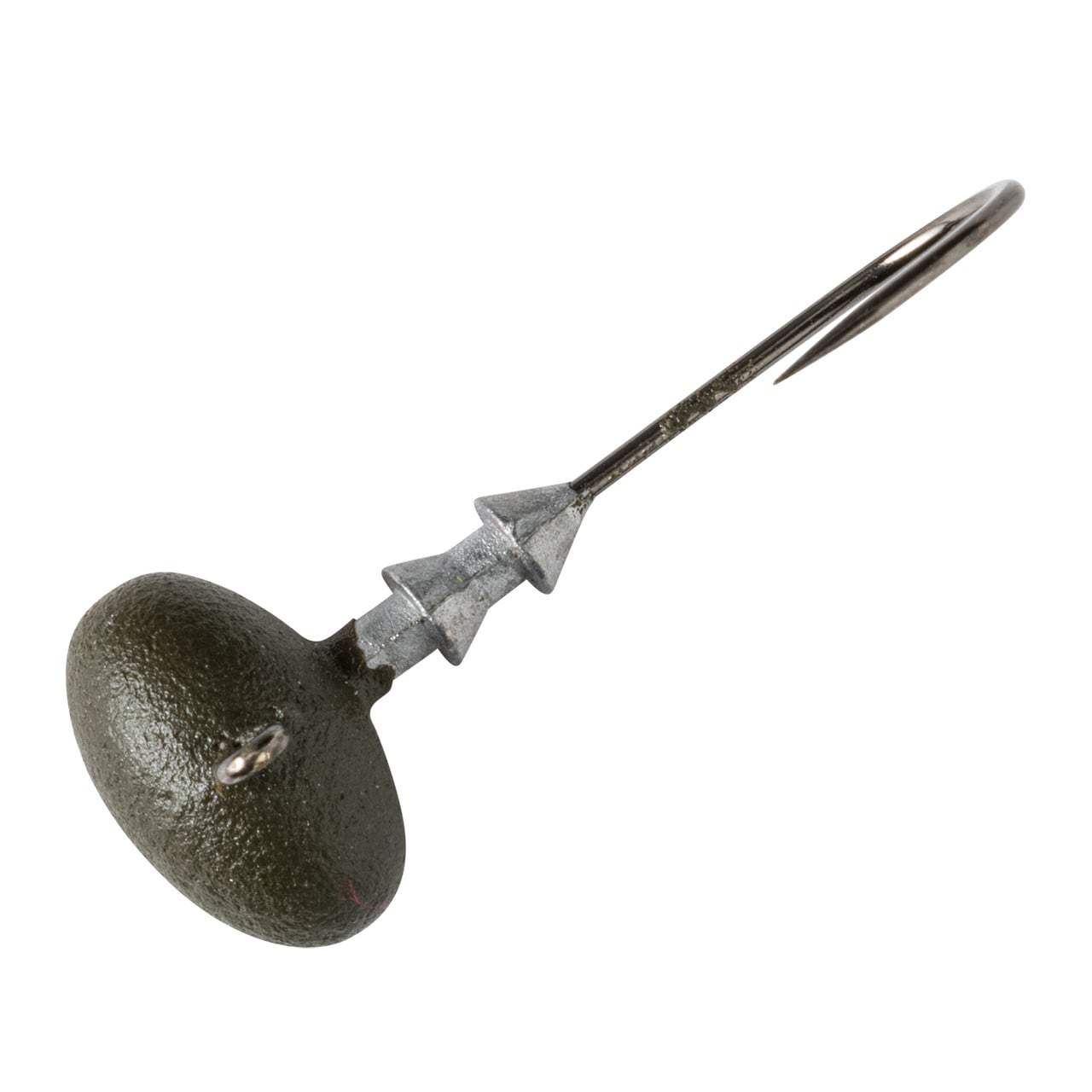 Great Lakes Finesse Stealth Football Jig Head color Matte Green Pumpkin top down view showing football shape and bait keeper