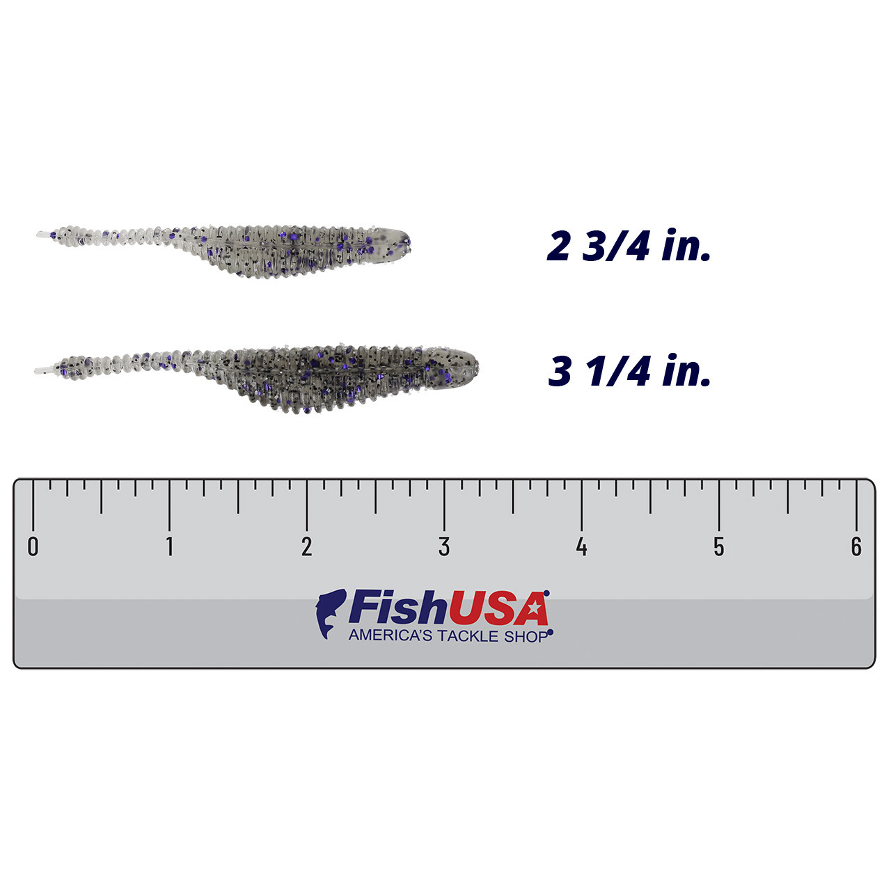 Great Lakes Finesse Drop Minnow color Smoke Clear Purple in both sizes (2 3/4 in., 3 1/4 in.) above a 6 inch FishUSA ruler