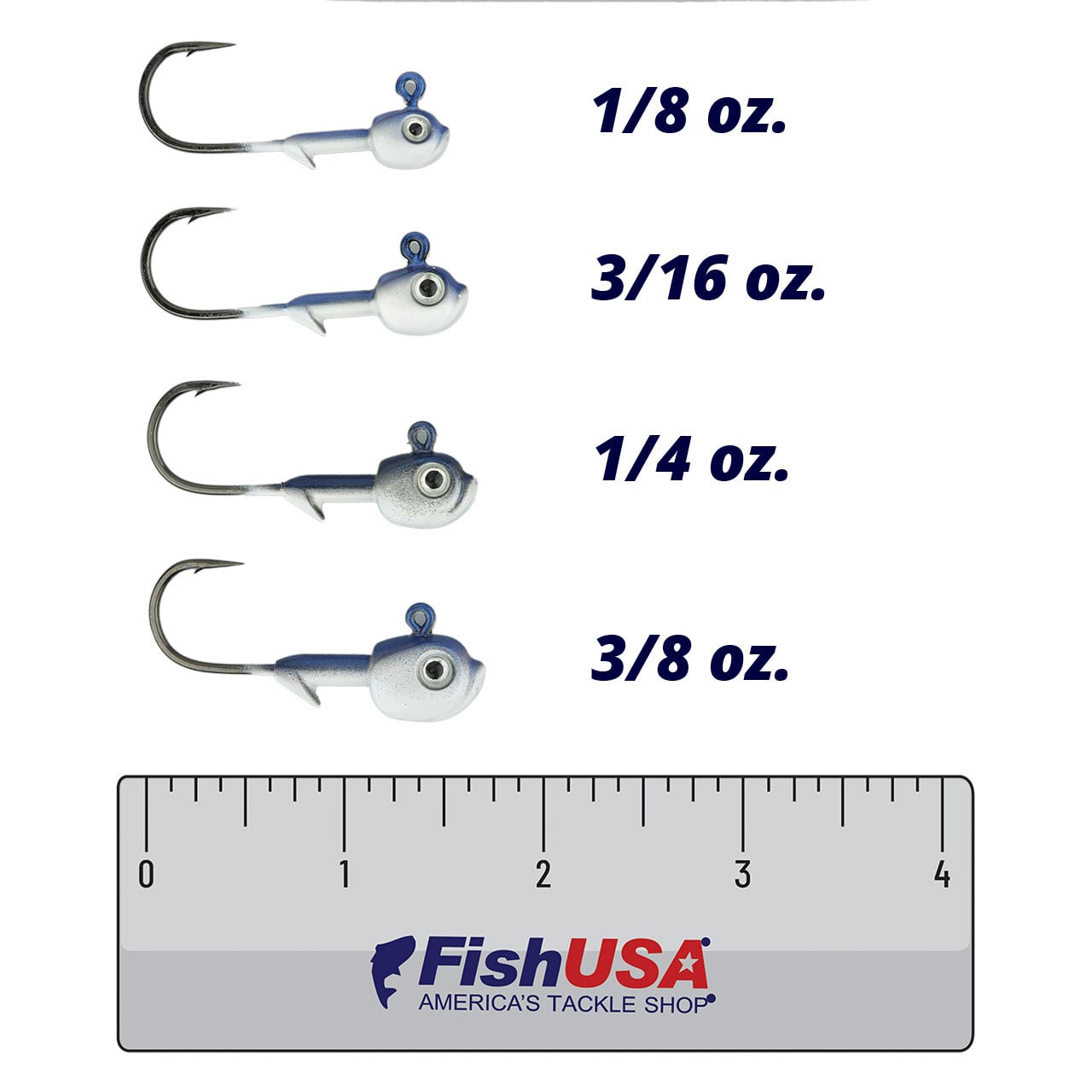 Dirty Jigs Tungsten HD Guppy Jig Head color Blue Shad in all sizes (1/8, 3/16, 1/4, 3/8 oz.) above 4 in. FishUSA ruler