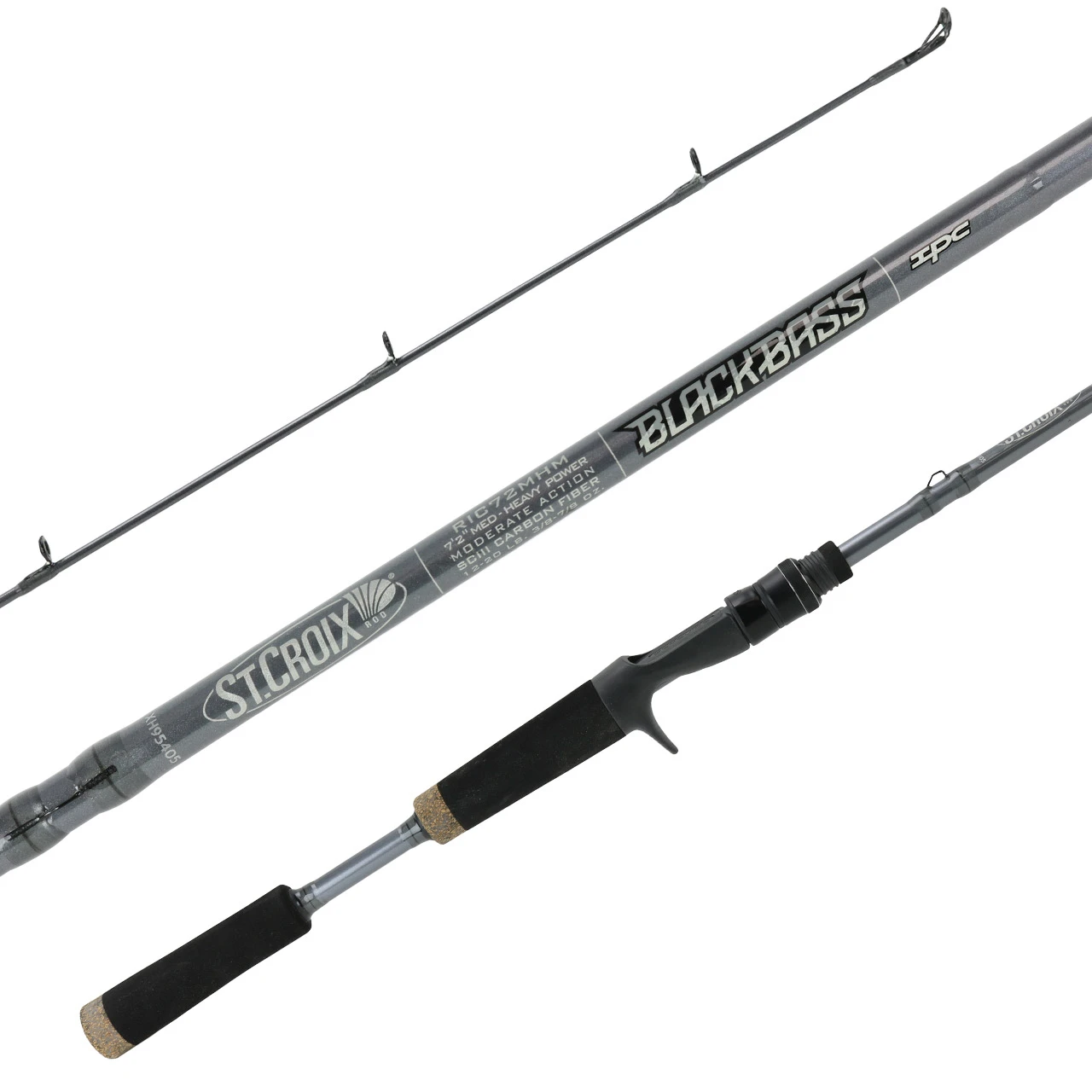 St. Croix Black Bass Casting Rods model RIC72MHM tri pic showing the guides, blank and handle