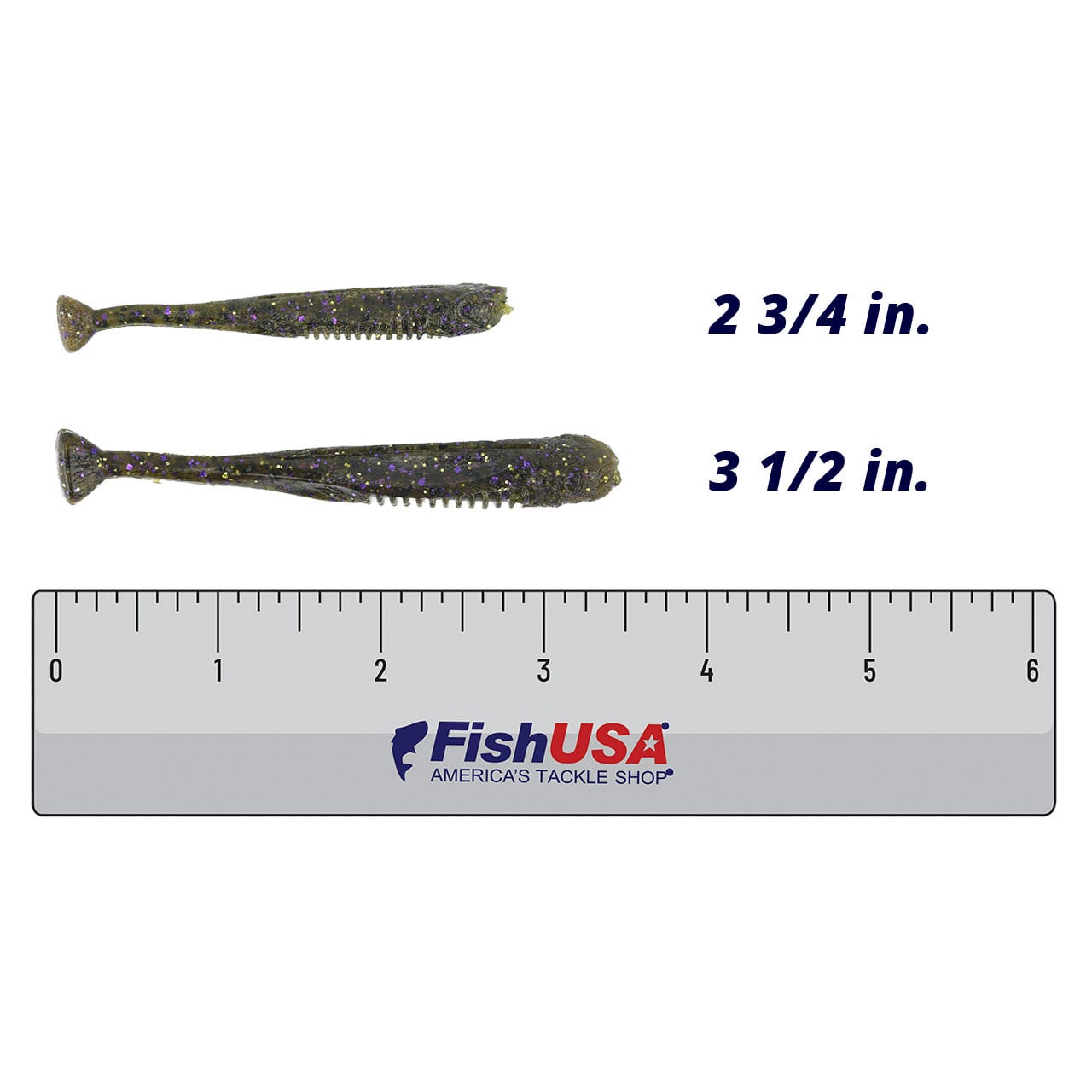 Z-Man Drop KickerZ color Green Pumpkin Goby in both sizes (2 3/4 in., 3 1/2 in.) above a 6 inch FishUSA ruler