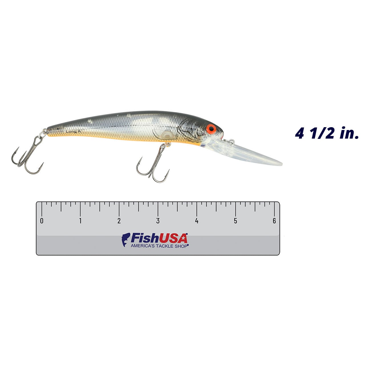 Bomber 25A Long Deep Diver color Silver Flash Black Orange above a 6 inch FishUSA Ruler