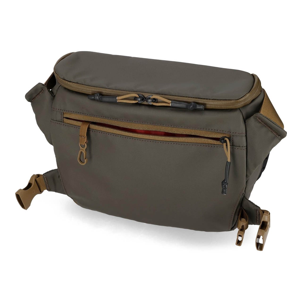 Simms Headwaters Chest Pack zippered pocket with a key clip on the body side of the chest pack