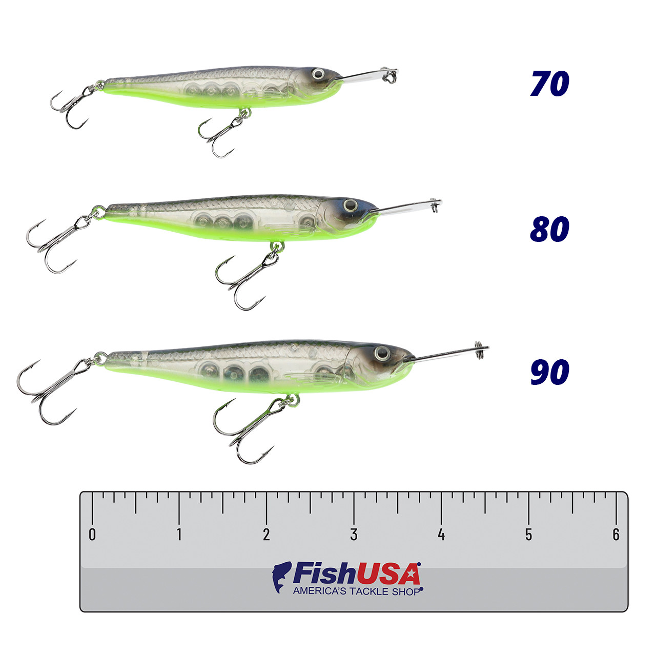 Strike King Evader color Strobe Shad in all sizes (70, 80, 90) above a 6 inch FishUSA ruler