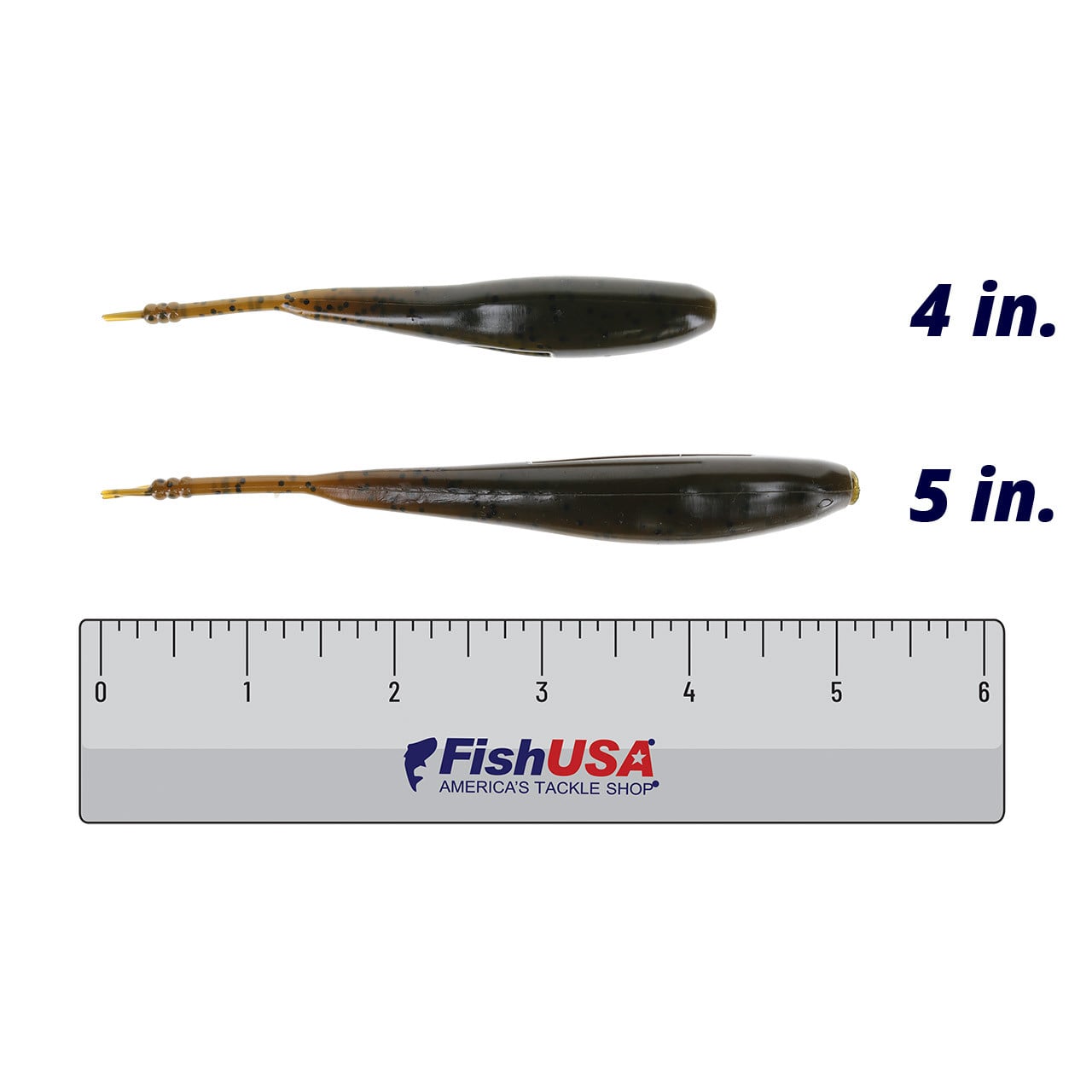 Hog Farmer Baits Stroll Shad color Green Pumpkin in both sizes (4 in., 5 in.) above a 6 inch FishUSA ruler
