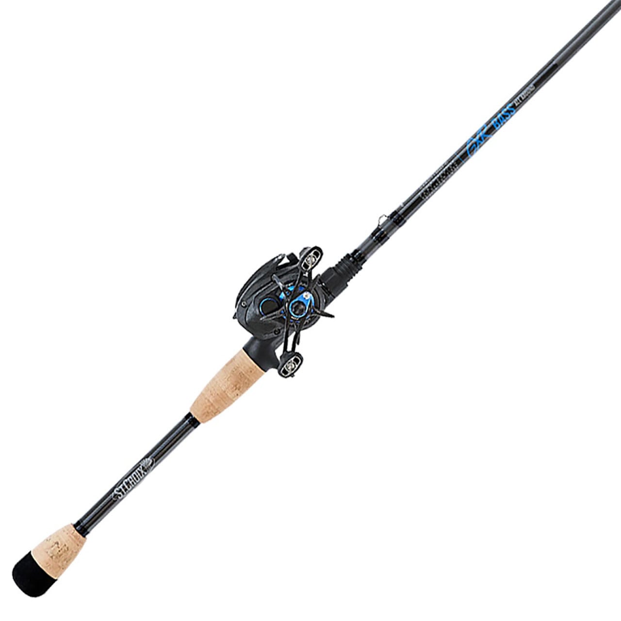 St. Croix GXR Casting Combo close up of rod's ergonomic split grip cork handle and SEVIIN GXR baitcasting reel