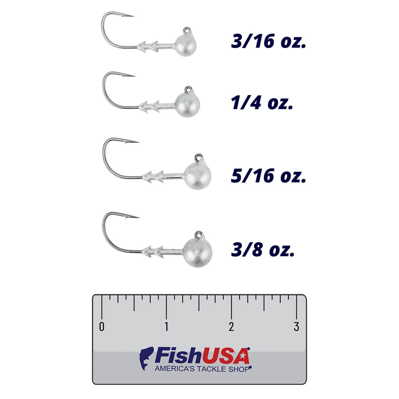 Buckeye Lures G-Stroll Jig Head in all size (3/16 oz., 1/4 oz., 5/16 oz., 3/8 oz.) above a 6 inch FishUSA ruler